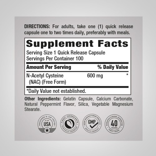 Piping Rock N-Acetyl Cysteine NAC 600mg - 100 Quick Release Capsules - Single Amino Acids