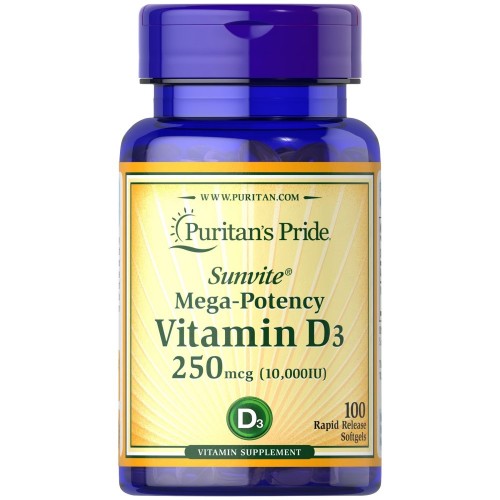 Puritan's Pride Sunvite® Mega-Potency Vitamin D3 10000IU - 100 softgels - Vitamin D