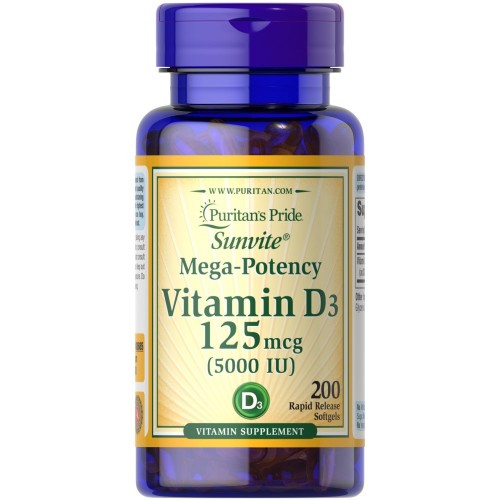 Puritan's Pride Sunvite® Mega-Potency Vitamin D3 5000 IU - 200 softgels - Vitamin D